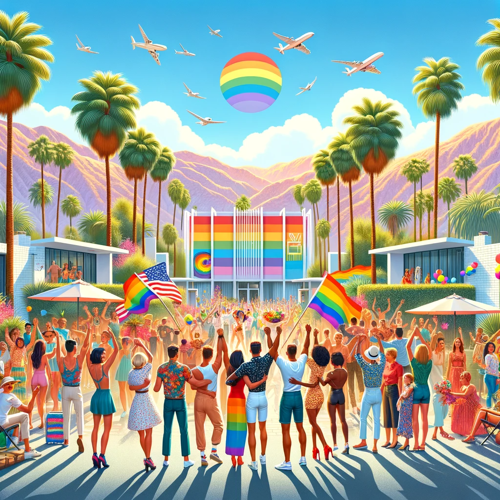 A lively gathering of diverse people in Palm Springs, under palm trees and mid-century architecture, with rainbow flags celebrating LGBTQ+ pride.