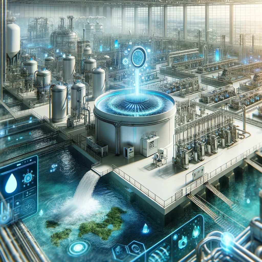 A futuristic wastewater treatment facility with advanced bioreactors, membrane filtration systems, and AI-powered monitoring systems.