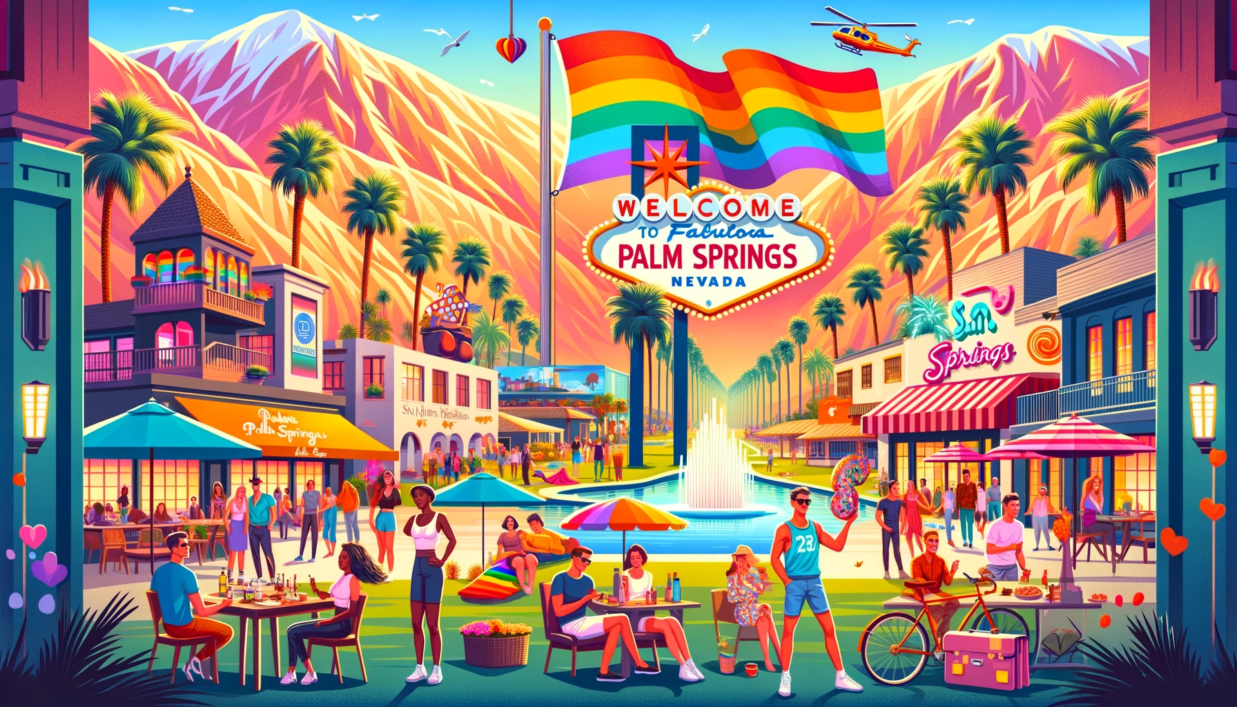 Vibrant scene of Palm Springs with iconic landmarks, rainbow flag, diverse people, San Jacinto Mountains, and palm trees.